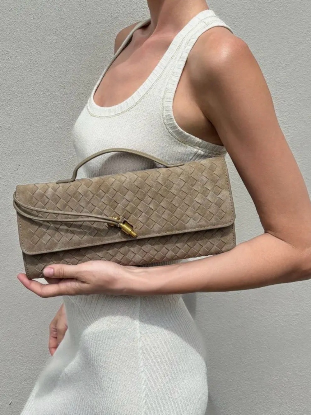 NWT Tan Woven Suede Top-Handle Clutch in Taupe Gold Accents Stunning Must Have! - Picture 2 of 3